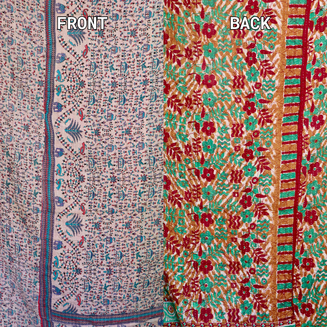 Hand-Stitched 100% Cotton Kantha Quilt – Reversible Kantha Throw Blanket, 80” x 52” -