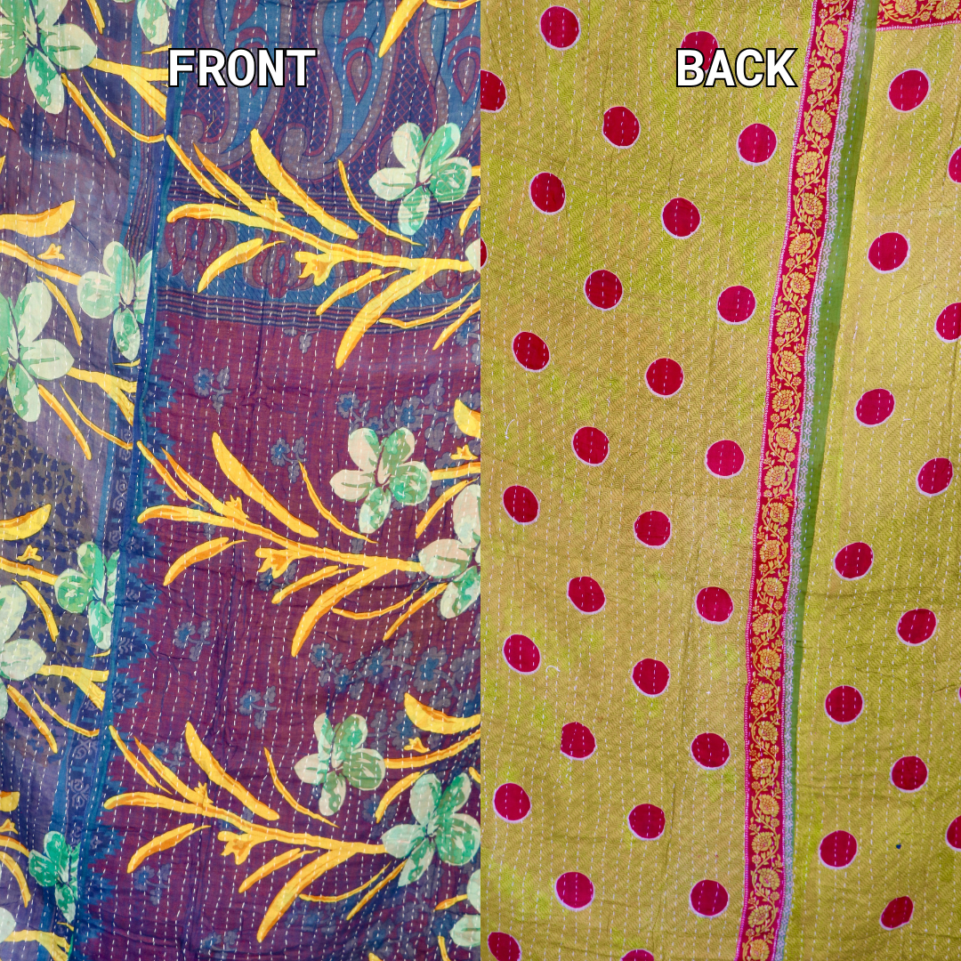 Hand-Stitched 100% Cotton Kantha Quilt – Reversible Kantha Throw Blanket, 80” x 52” -