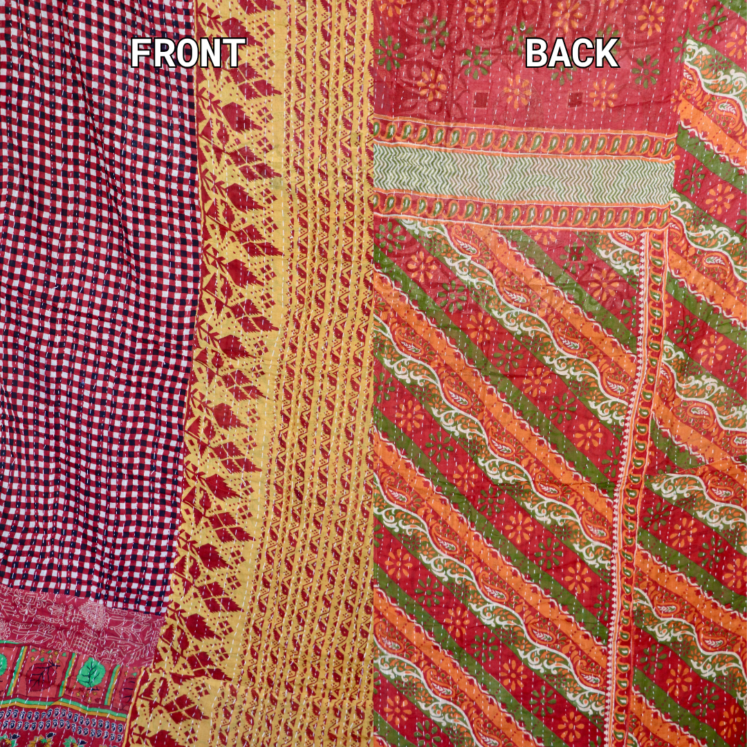 Hand-Stitched 100% Cotton Kantha Quilt – Reversible Kantha Throw Blanket, 80” x 52” -