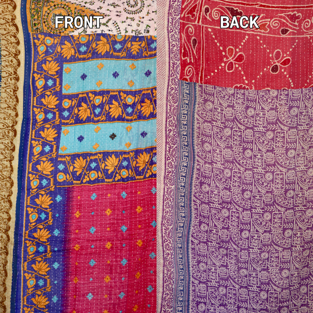 Hand-Stitched 100% Cotton Kantha Quilt – Reversible Kantha Throw Blanket, 80” x 52” -