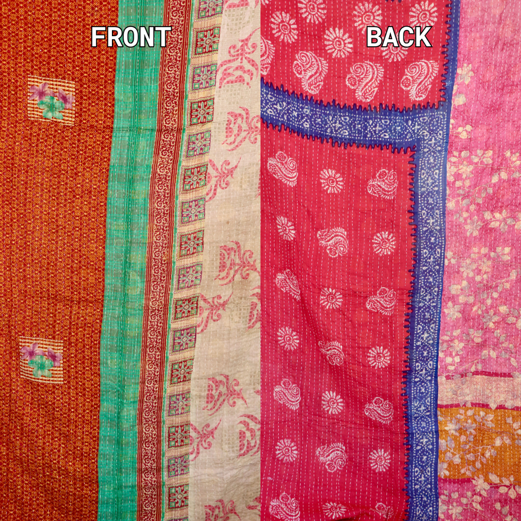 Hand-Stitched 100% Cotton Kantha Quilt – Reversible Kantha Throw Blanket, 80” x 52” -