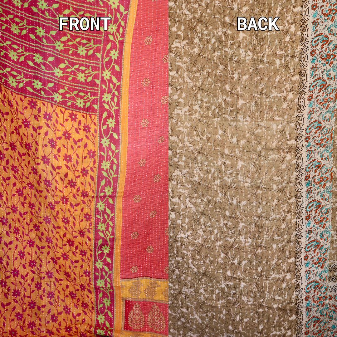 Hand-Stitched 100% Cotton Kantha Quilt – Reversible Kantha Throw Blanket, 80” x 52” -