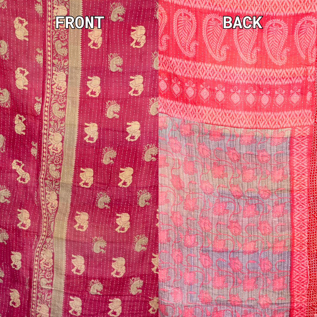 Hand-Stitched 100% Cotton Kantha Quilt – Reversible Kantha Throw Blanket, 80” x 52” -
