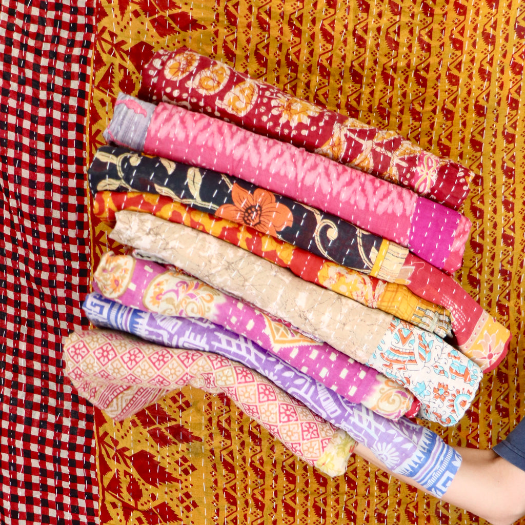 Hand-Stitched 100% Cotton Kantha Quilt – Reversible Kantha Throw Blanket, 80” x 52” -