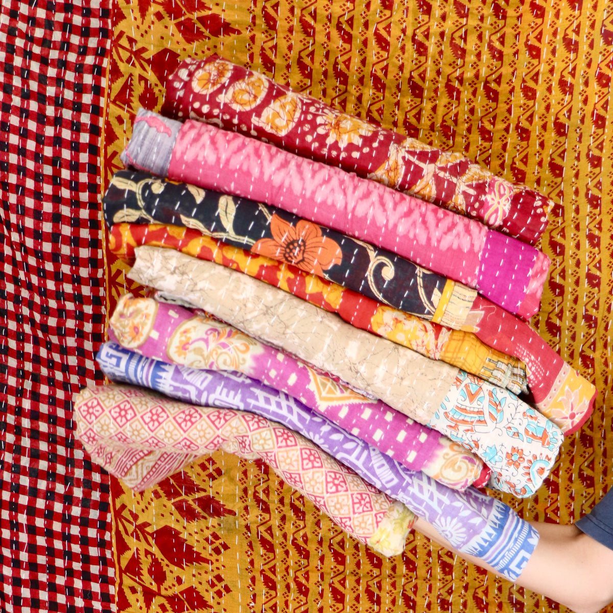 Hand-Stitched 100% Cotton Kantha Quilt – Reversible Kantha Throw Blanket, 80” x 52” -